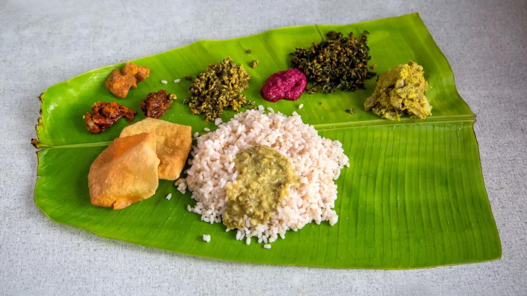 traditional meal on banana leaf